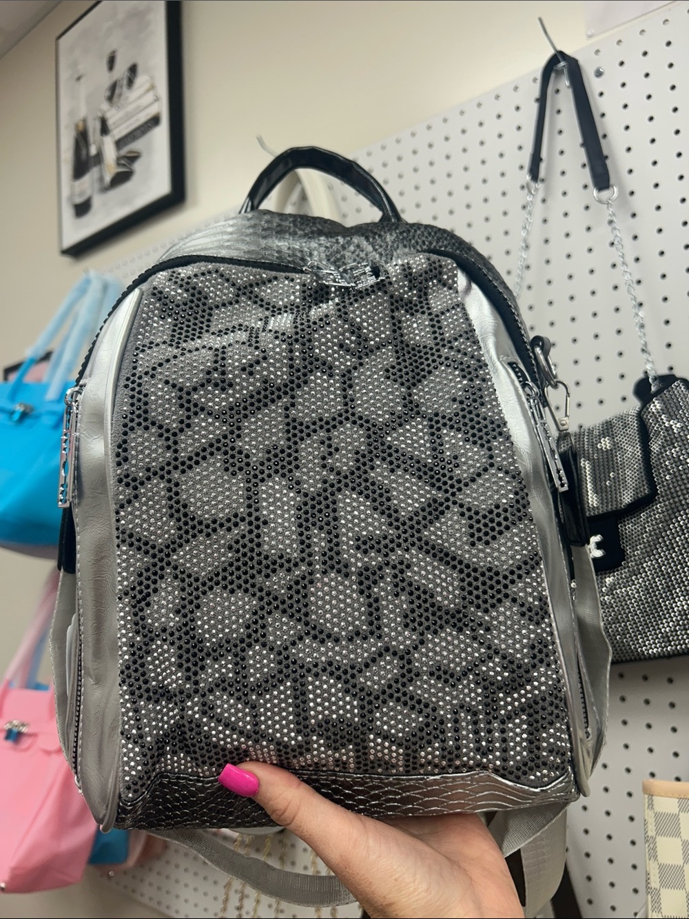 Silver Sequin Patterned Mini Backpack - Women's Bag